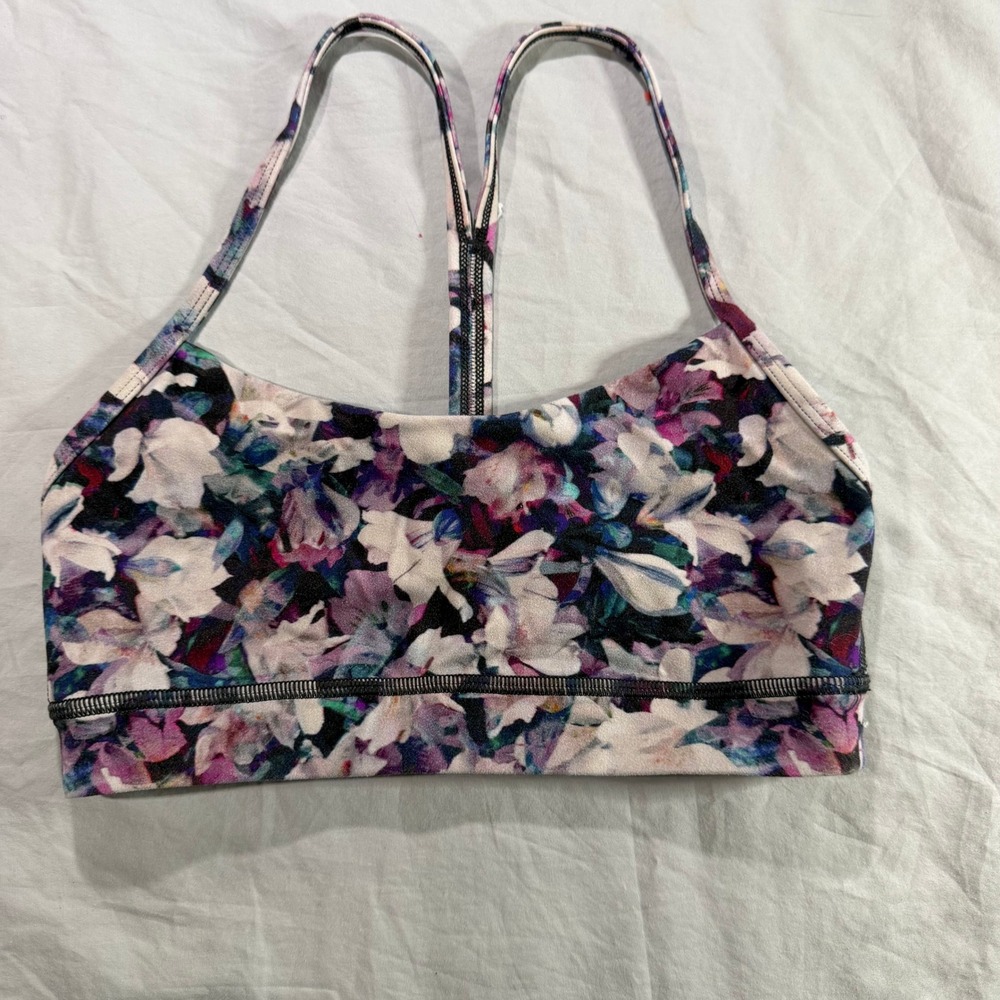 Lululemon Flow Y Bra Floral Watercolor Purple Blue Racerback Sports size 0